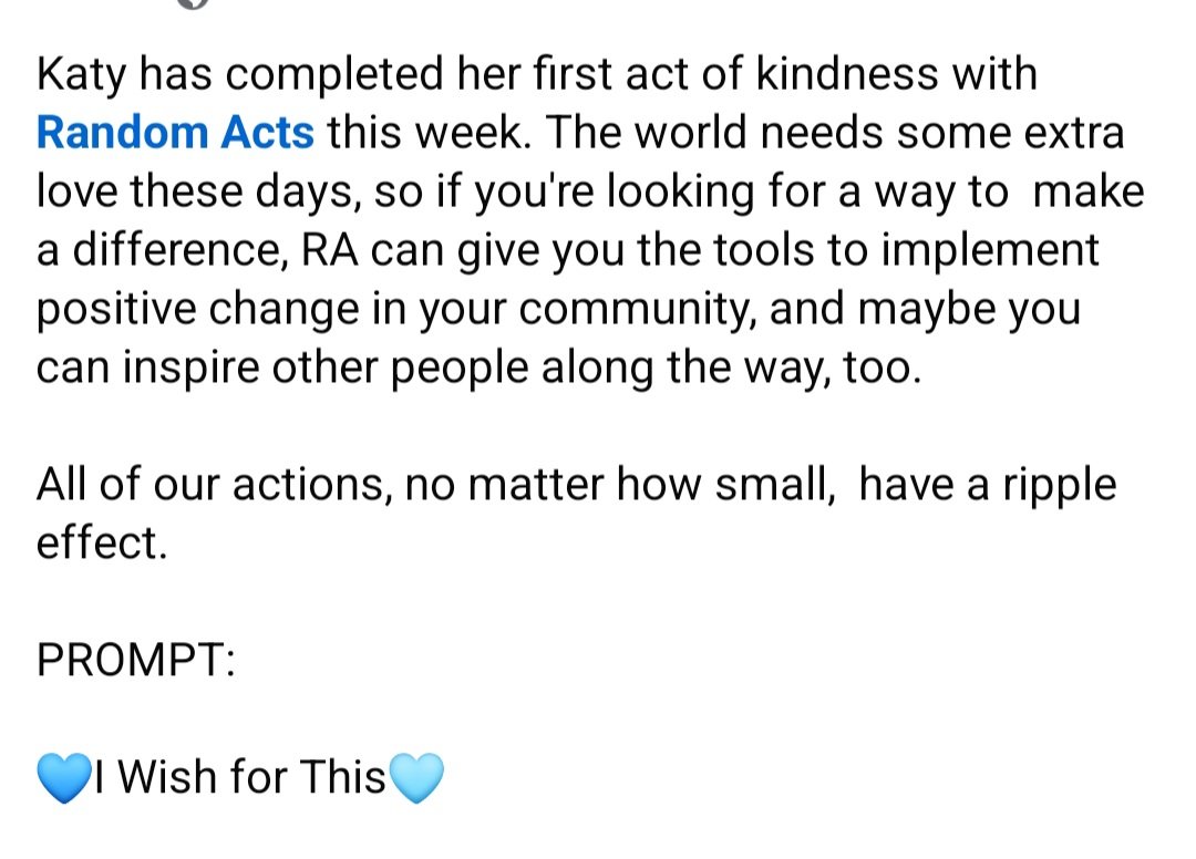MishaShirt's tweet photo. Road so far 

Katy has completed her first act of kindness with Random Acts this week. 

Katy has completed her first act 

PROMPT:

💙I Wish for This

#mishacollins  #createpositivechange #gishon #paykindnessforward #iwishforthis https://t.co/L0kl3CaBcV