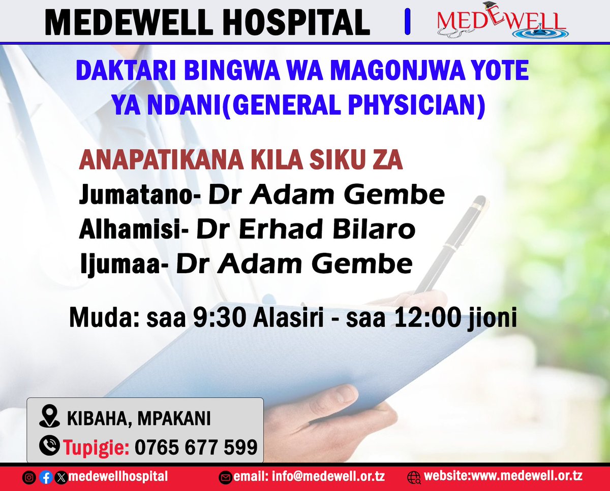 Karibu hospitali ya MEDEWELL kuonana na madaktari bingwa kwa magonjwa yote ya ndani kama vile moyo, figo, tumbo, karibu sana. tembelea tovuti yetu ya medewell.or.tz kwa taarifa zaidi.