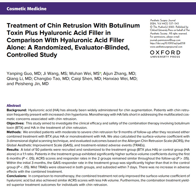 Aesthetic Surgery Journal/ASJ Open Forum (@asjrnl) on Twitter photo This study aimed to investigate the clinical efficacy and safety of the combination therapy involving botulinum toxin (BTX) and HA in the treatment of chin retrusion.
🔗Read the paper: doi.org/10.1093/asj/sj…
<a href="/drkenkel/">Jeffrey Kenkel, MD</a> @alalymd @phaedracress <a href="/franklista/">Dr. Frank Lista</a> <a href="/gemmasharp11/">Professor Gemma Sharp</a> <a href="/drroykim/">Roy Kim 🇺🇸</a> This study aimed to investigate the clinical efficacy and safety of the combination therapy involving botulinum toxin (BTX) and HA in the treatment of chin retrusion.
🔗Read the paper: doi.org/10.1093/asj/sj…
<a href="/drkenkel/">Jeffrey Kenkel, MD</a> @alalymd @phaedracress <a href="/franklista/">Dr. Frank Lista</a> <a href="/gemmasharp11/">Professor Gemma Sharp</a> <a href="/drroykim/">Roy Kim 🇺🇸</a>
