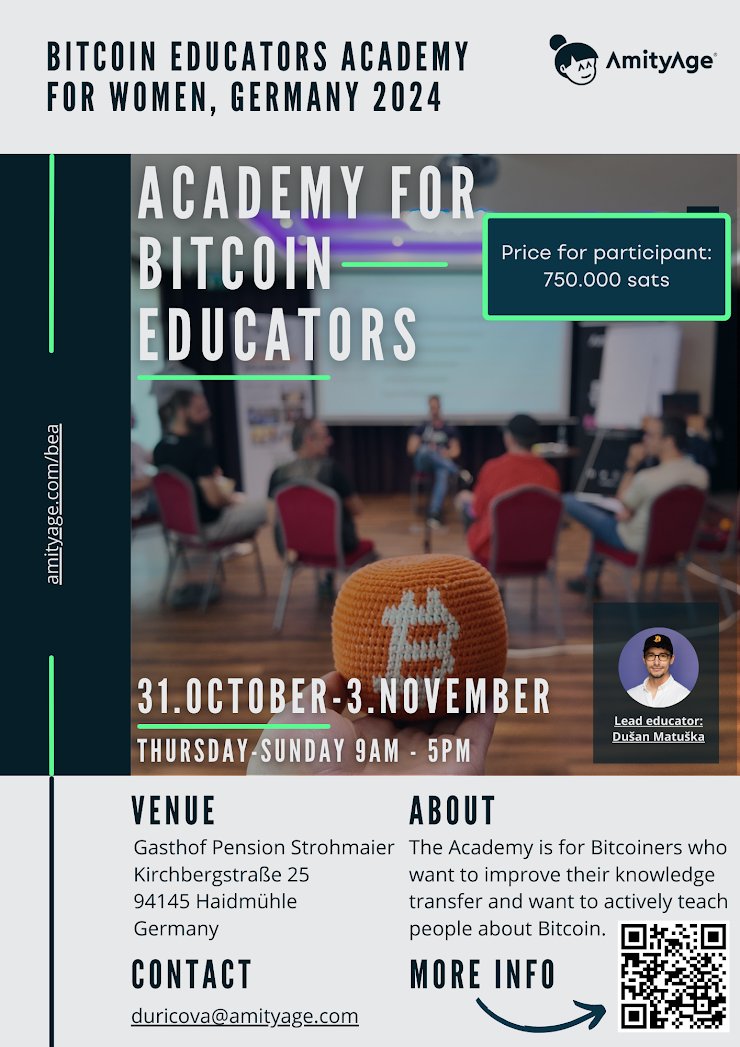 AmityAge's tweet photo. You think teach 100 000 000 people about Bitcoin is an easy goal?? Let me tell you is is not at all! 🙅

That's why we need help from YOU 🫵 and that's why we are announcing another Bitcoin Educators Academy! 🔥😎

This time, we will stop by in the beautiful Germany 🇩🇪 

And not only country will be beautiful, also our attendants 🫶 BEA Germany is this time organized only for women 🌷
@holkyvkryptu  @lesfemmesorange 😏

If you haven't read so far any of our previous BEA posts, this is what you can expect from our intense 4 day education training: 😜 

You will be able to orange pill everyone. 🍊💊 You will learn soft skills, for example how to handle objections, what real-life analogies to use so it's not overwhelming for pre-coiners 😌 etc. 

🔴 BASIC INFO 🔴
When? 📅
31.10 - 3.11. 2024

Where? 📍
Gasthof Pension Strohmaier, Kirchbergstraße 25, 94145 Haidmühle, Germany (*228km from Munich, duration 2,5 hours)

How many spots? 👥
12 attendants maximum! Book your spot before it will be sold-out ⏰

Register here 👇
https://t.co/BtLmVhFaAx

Any questions left? 🤔

Feel free to write in the comments 💭 or check-out https://t.co/POKipM0mTh 🫶

See u in Germany 👋😊

#BEA