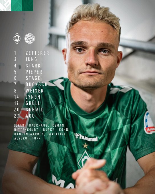 Aufstellungsgrafik mit Amos Pieper sitzend im Werder-Heimtrikot: Zetterer - Jung, Stark, Pieper, Stage, Ducksch, Weiser, Lynen, Grüll, Schmid, Agu.