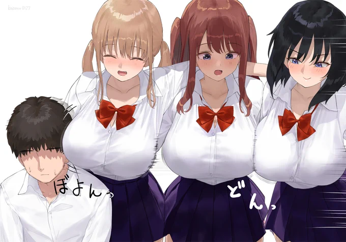 おっぱいをぶつけて遊ぶ巨乳女子達のイラスト