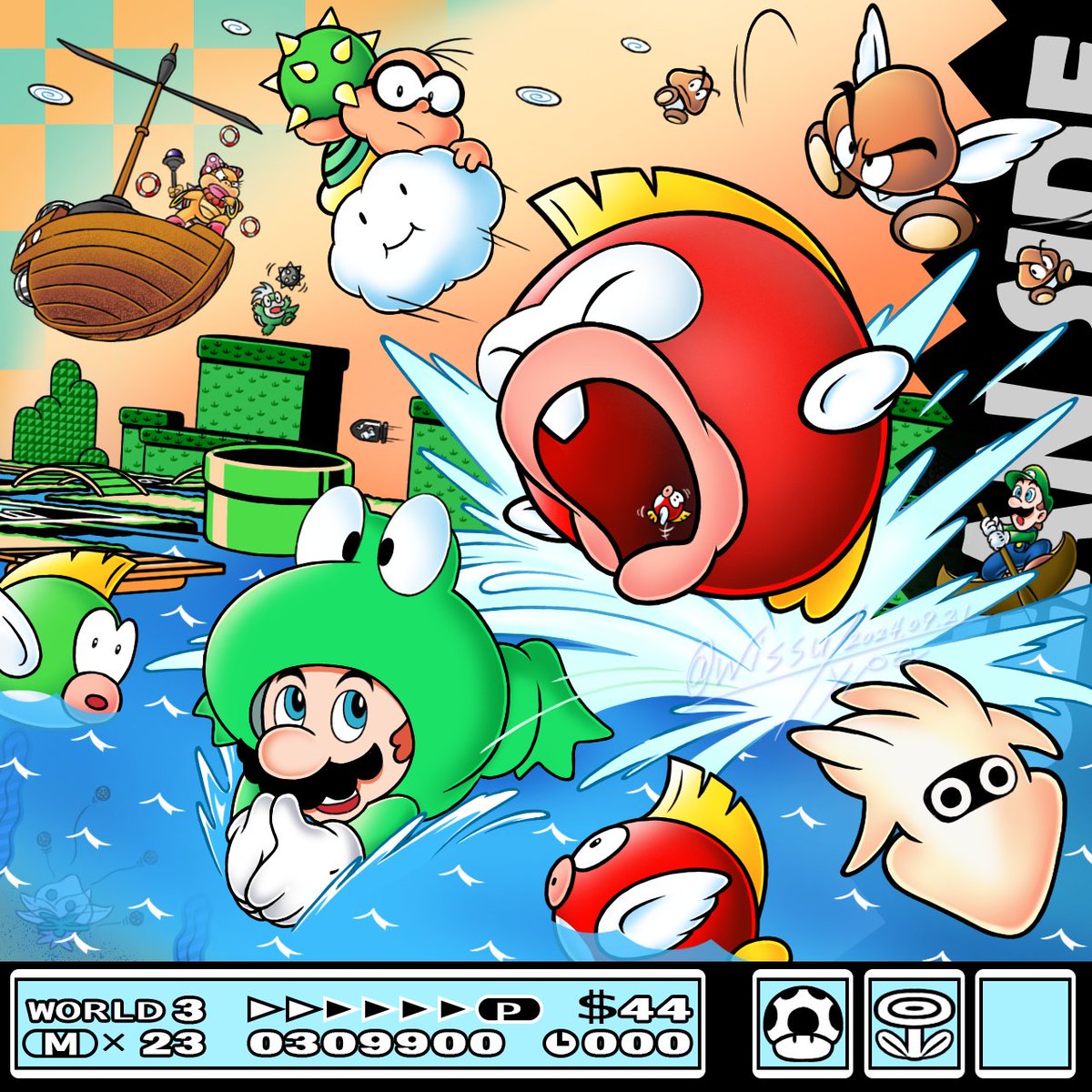 お絵描き、海の国。 マリオ3のワールド3。水中、水面コースが多くて