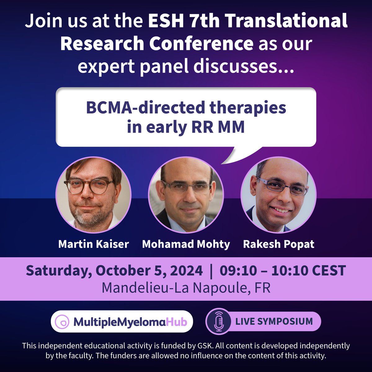 MM_Hub's tweet photo. 🚨 Only 2 weeks to go!  

Join the #MultipleMyeloma Hub symposium at #ESHMM2024:  

How to sequence BCMA-directed therapies in early relapsed/refractory MM 

Chaired by @Mohty_EBMT, with guest speakers @DrRakeshPopat and @MyMKaiser 

@ESHaematology #mmsm https://t.co/A0XGMtKd93