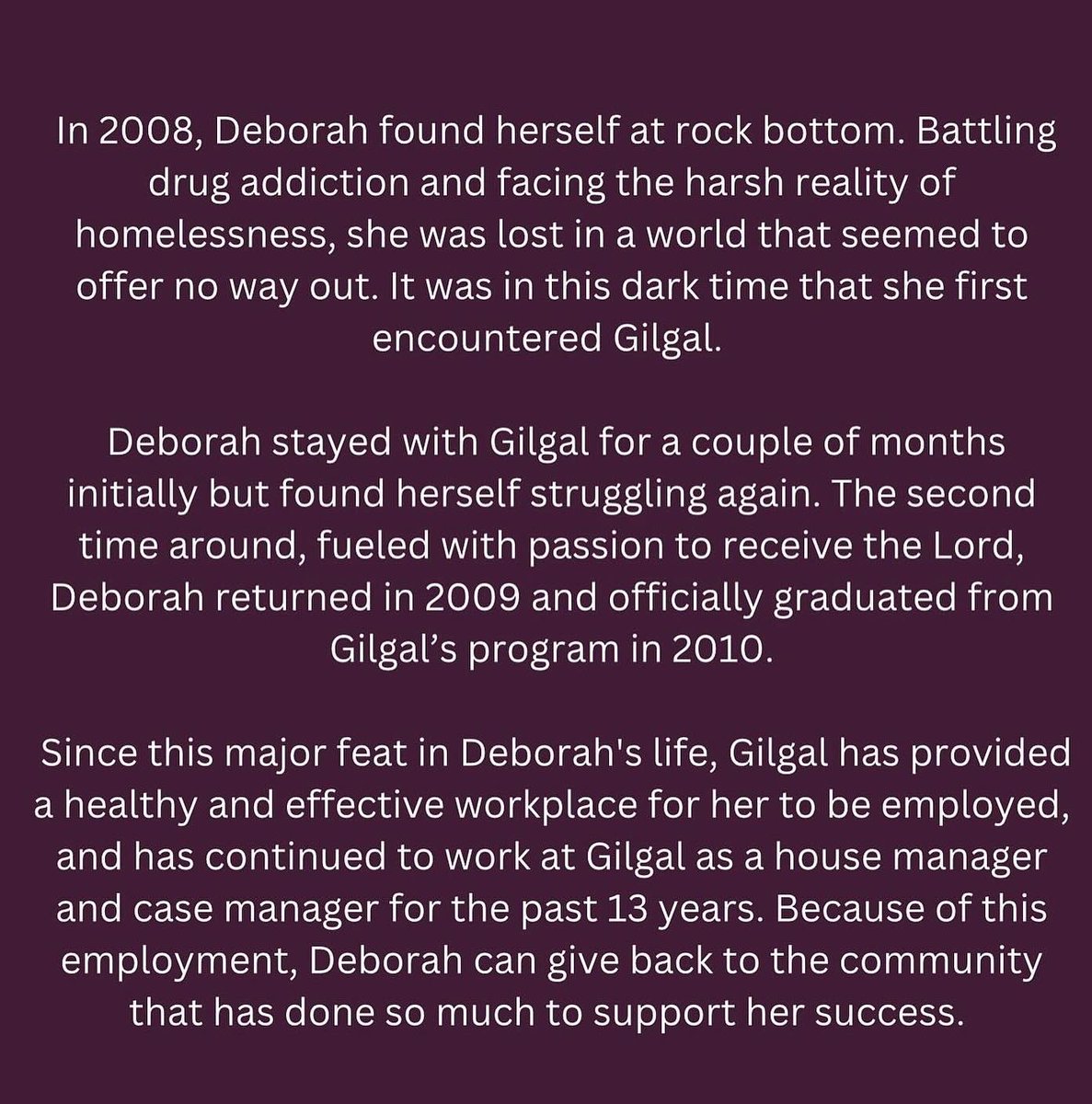 Gilgal_Inc's tweet photo. You can meet Deborah and many other women who have been changed for the better with Christ's everlasting love at the Blue Jean Gala on October 24, 2024. Be inspired. Be informed. Be there #MyGilgalStory #SustainingLoveAtGilgal #ForeverChanged #LoveEnduresAtGilgal https://t.co/0GYWwG92oP