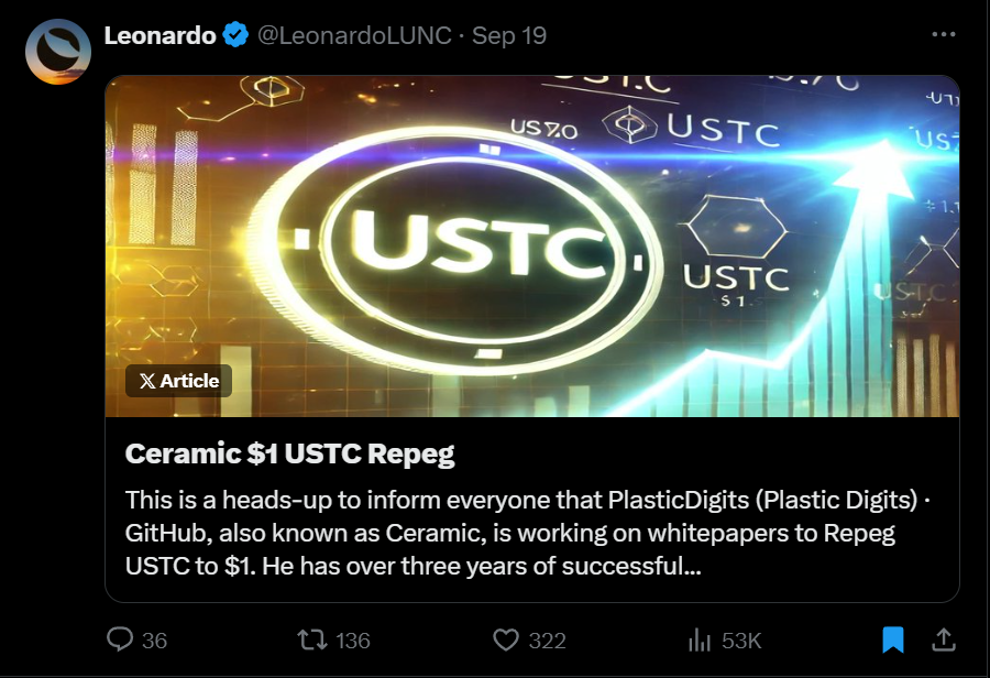 Community sentiment for a repeg is strong; I was expecting 10K max views in a week as it is just a heads-up with no real detail; currently, over 50K+ views with no signs of slowing down. Ceramic will try to incorporate some excellent community feedback into the whitepapers,