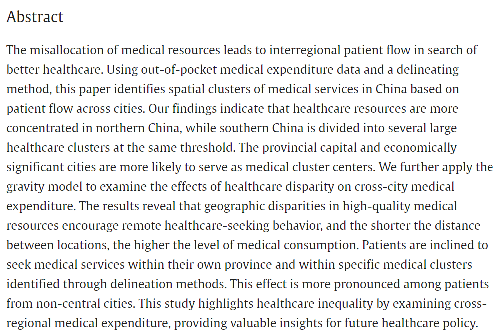 Just accepted: "The Geography of Healthcare: Mapping Patient Flow and Medical Resource Allocation in China", by Dong and Wang. Link: doi.org/10.1016/j.ehb.…