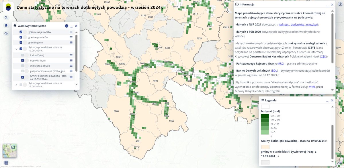 StatPoland's tweet image. In the #GeostatisticsPortal, a map was published showing #StatisticalData in a kilometer grid in the areas affected by the flood – as of 19.09.2024. The map is available in the geo.stat.gov.pl/app/cat/ Resources Catalog.
#StatisticsPoland #Flood2024