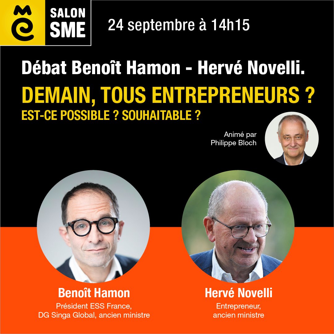 RDV mardi 24/09 à 14h15 au <a href="/SalonSME/">SalonSME</a> pour un débat passionnant autour de l'entrepreneuriat en France avec <a href="/HerveNovelli/">Herve Novelli</a>  et <a href="/benoithamon/">Benoît Hamon</a>  que je me réjouis d'animer 
salonsme.com
#autoentrepreneur #entreprendre #creersaboite #entrepreneursalarie #selancer