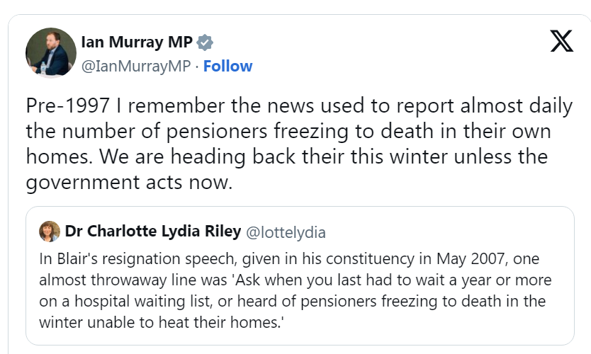 Usually governments are careful in their first few weeks of office not the ultra unionist Starmer lot. First they dumped on their Scottish MPs by refusing to remove the two child cap and now they've exposed their Scottish Governor General to ridicule by freezing pensioners.