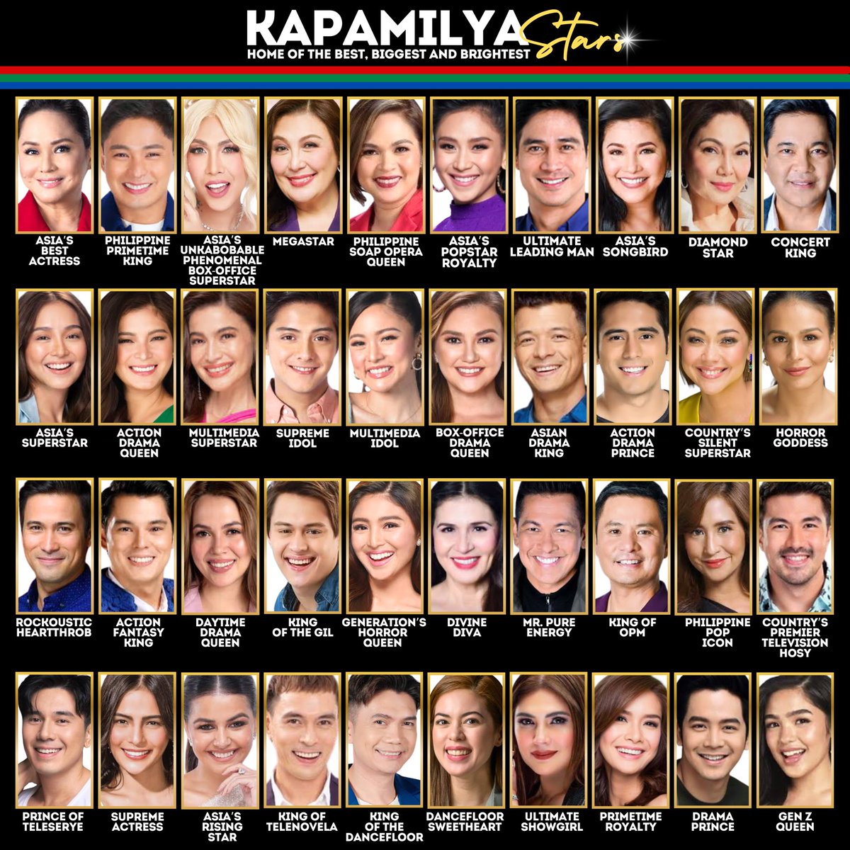 KAPAMILYA; Home of the best, biggest and brightest stars in the country.

#ABSCBN #Kapamilya #CocoMartin #ViceGanda #SharonCuneta #JudyAnnSantos #SarahGeronimo #RegineVelasquez #AngelLocsin #KathrynBernardo #KimChiu #NadineLustre