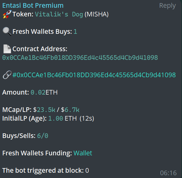 entasiBot's tweet photo. A gem discovered by our #ETH bots $MISHA was detected at 25K marketcap. Current ATH 19M
Subscribe to Entasi here: https://t.co/trWX8EFMt4
CA: 0x0CCAe1Bc46Fb018DD396Ed4c45565d4Cb9d41098
#entasibots #volumetracker #ai #memecoin #bullrun #crypto https://t.co/8YE3fDCRdv