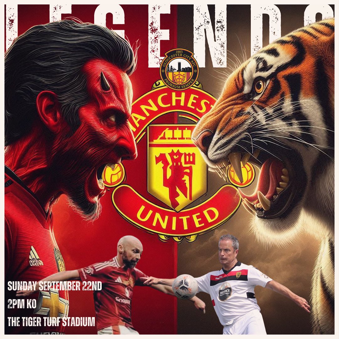 TOMORROW‼️ 
.
Manchester United Legends v Gloucester City AFC Legends | 👹🐯
.
The Theatre of Dreams meets the the Theatre of Shipping Containers as Manchester United are coming to the Tiger Turf Stadium THIS September! 👏🏼 Line-ups to be announced 🔜 
.
Secure your tickets NOW!
