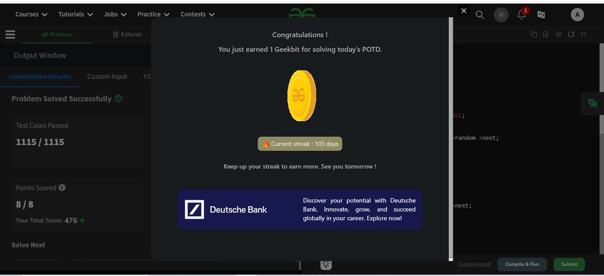 aksingh0x's tweet photo. 📅Day 12 of 21 Days POTD Challenge #geekstreak2024 powered by @DeutscheBank and Day 103 of @geeksforgeeks POTD. 

🎯Solved - Clone a linked list with next and random pointer✅.
#geekstreak2024 #deutscheBank https://t.co/QfV4yK2OjC