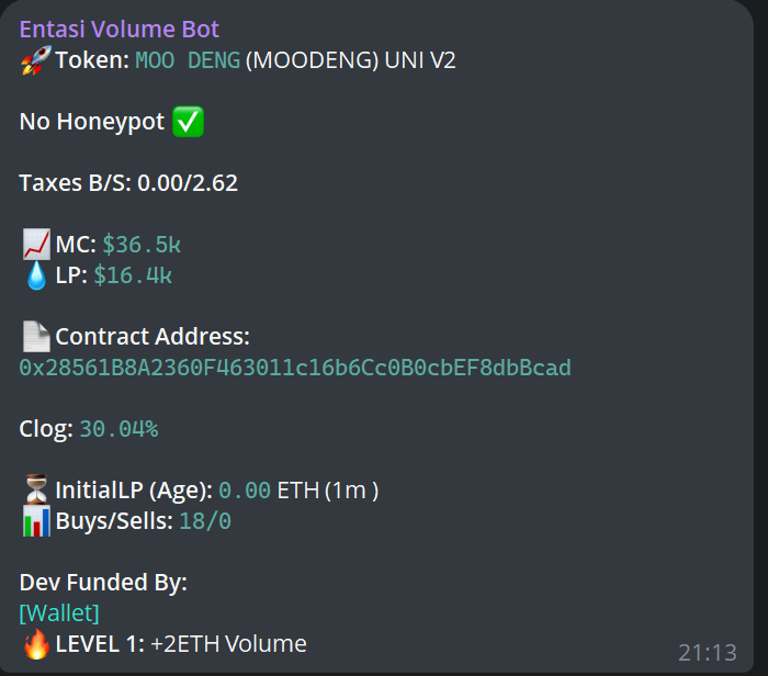 entasiBot's tweet photo. Significant gains accessible to Entasi subscribers who grabbed #Moodeng at 40K mc.
With a current ath at 14M mc , #MoodengCTO has gained more than 300X's since it's first alert on Entasi.
CA: 0x28561B8A2360F463011c16b6Cc0B0cbEF8dbBcad
#entasibots #memeseason #volumetracker #ai #memecoin #bullrun2024 #crypto #btc #cryptocurrency #stocks #investment