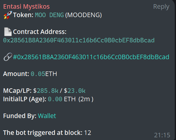 entasiBot's tweet photo. Significant gains accessible to Entasi subscribers who grabbed #Moodeng at 40K mc.
With a current ath at 14M mc , #MoodengCTO has gained more than 300X's since it's first alert on Entasi.
CA: 0x28561B8A2360F463011c16b6Cc0B0cbEF8dbBcad
#entasibots #memeseason #volumetracker #ai #memecoin #bullrun2024 #crypto #btc #cryptocurrency #stocks #investment