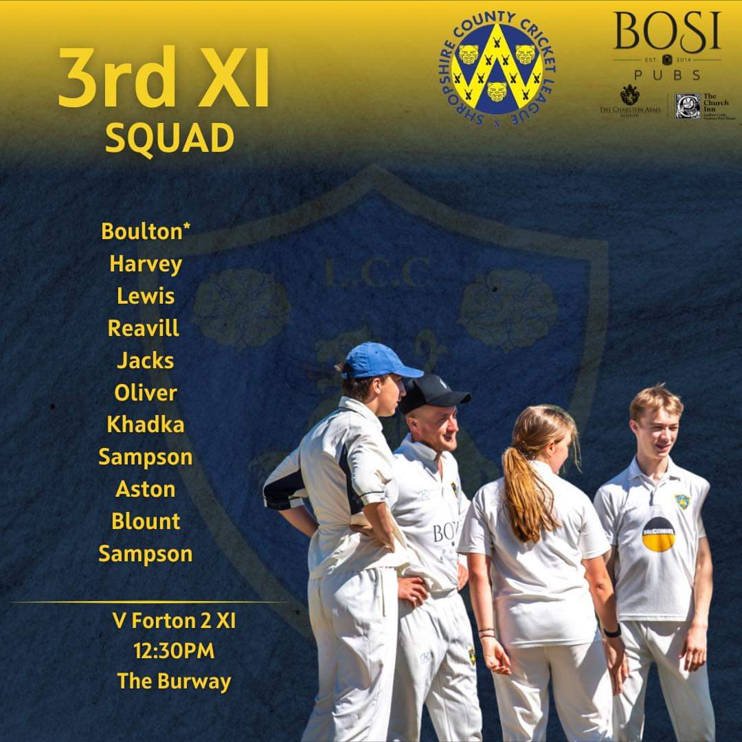 Ludlow Cricket Club (@ludlowcricket) on Twitter photo Here are our lineups for today's <a href="/mansfieldsportg/">Mansfield Sports Group</a> <a href="/ShropCCLeague/">ShropshireCCLeague</a> games
Our 2nds head to <a href="/BroseleyClub/">Broseley Cricket Club</a> to play Church Aston 1s in Division 3
Whilst the 3rd XI host <a href="/FortonCC/">FortonCC</a> 2nd XI on the main pitch, in Division 6 Here are our lineups for today's <a href="/mansfieldsportg/">Mansfield Sports Group</a> <a href="/ShropCCLeague/">ShropshireCCLeague</a> games
Our 2nds head to <a href="/BroseleyClub/">Broseley Cricket Club</a> to play Church Aston 1s in Division 3
Whilst the 3rd XI host <a href="/FortonCC/">FortonCC</a> 2nd XI on the main pitch, in Division 6