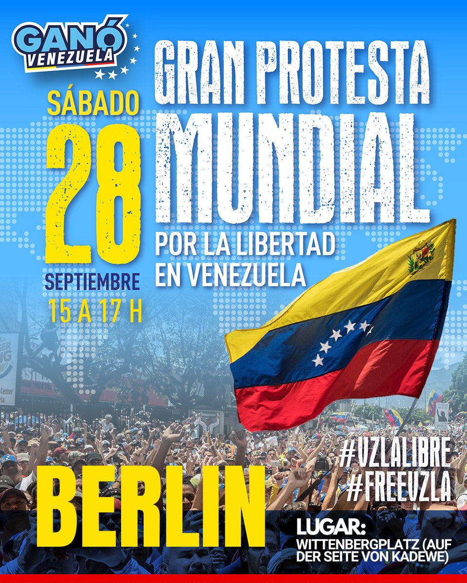 1/4
Aquí las 4 ciudades que hasta ahora se van sumando a la protesta por la Libertad de #Venezuela este #28Sept:
 Desde la hermosa y multicultural ciudad de #Berlin, la capital de #Alemania 🇩🇪, los venezolanos diremos:  #YoMeSumo