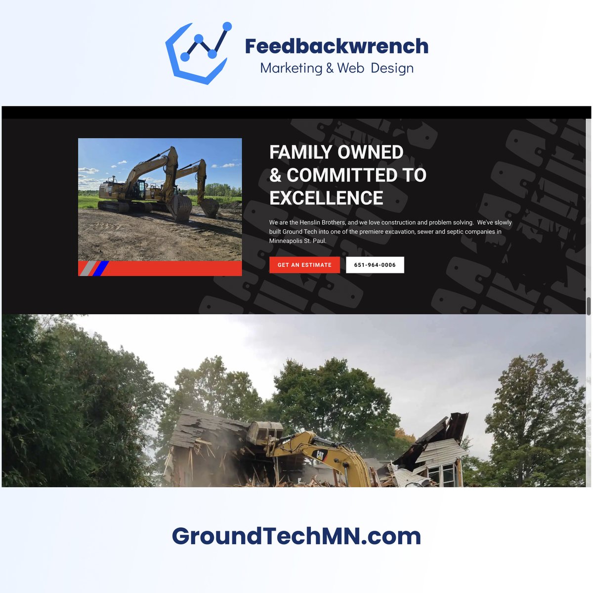 Feedbackwrench's tweet photo. Check out this website, design, marketing & SEO for Ground Tech MN - https://t.co/xVhRbn1uuz #excavationcontractor #sewerrepair and #septicrepair If you need a website, or you're looking to dominate your industry and region, book a consultation with #Feedbackwrench! #construction https://t.co/PYCVYwnxsW