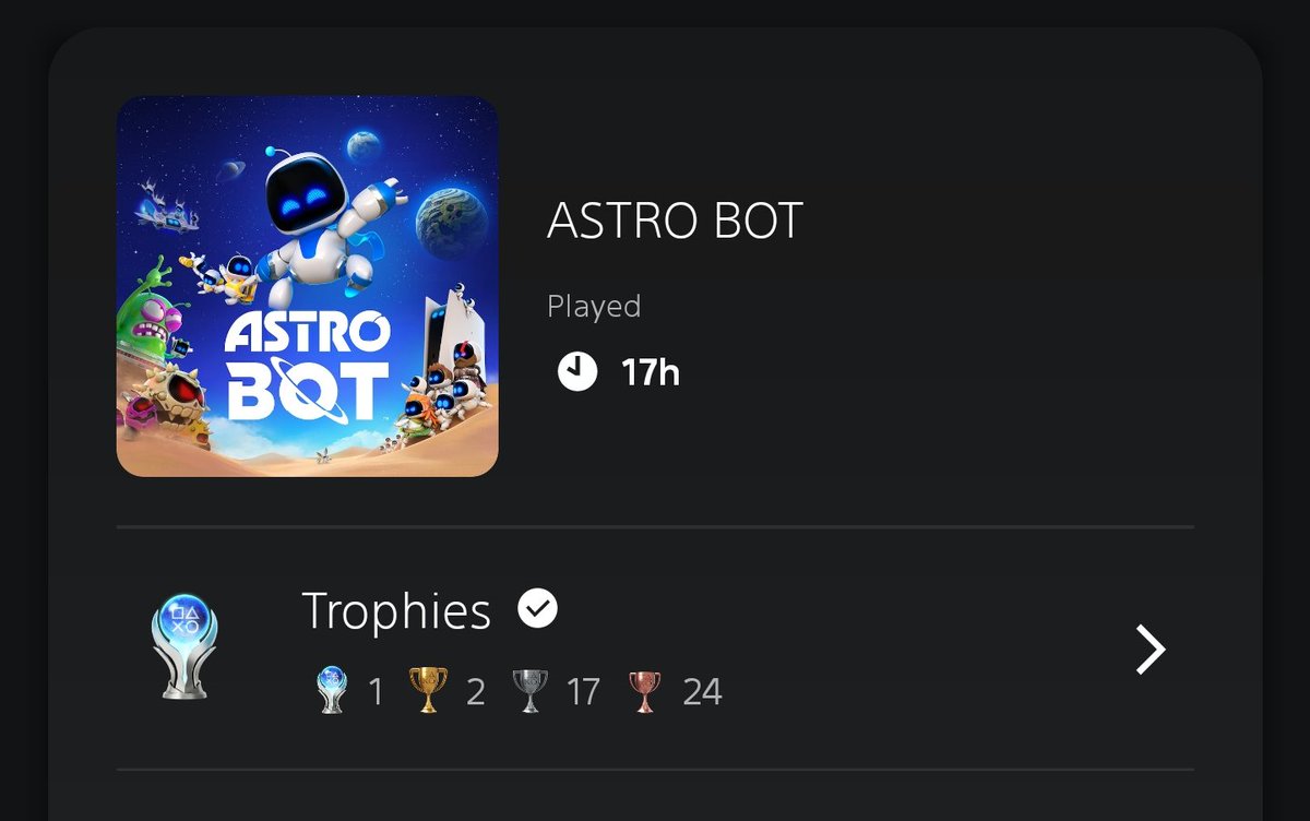 Platinum trophy #90: Astro Bot

Fantastische platformer. Mogelijks mijn game of the year.
Ik raad em ten zeerste aan om ook te spelen én de platinum te behalen.