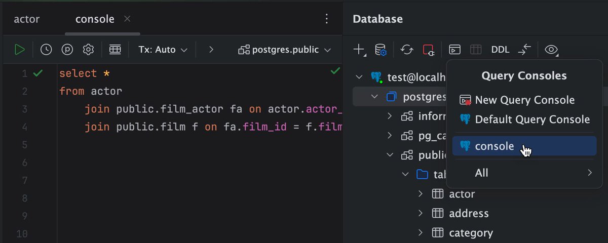 intellijidea's tweet image. #IntelliJIDEA has a built-in query console, so you can execute #SQL queries right in the IDE!

🖱️Just click on the query console icon within the Database tool window (via View | Tool Windows), type your query, and run it.

👉 Learn more: jb.gg/database
#IntelliJIDEATips