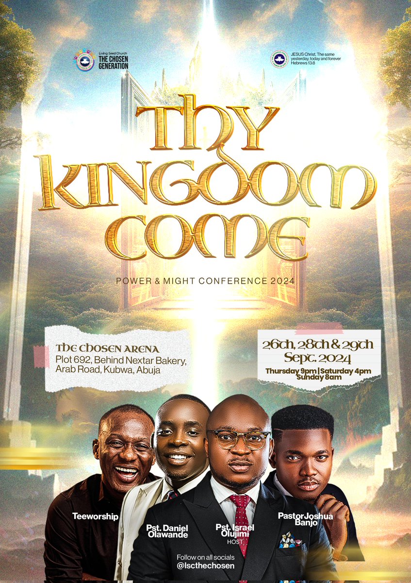 thesirjoe_'s tweet image. This is my personal invitation to you all.
If you&apos;re in Abuja, you can&apos;t afford to miss next week&apos;s encounter. I beg you, plan for it.

The line up
Thursday 26th - 9pm
Saturday 28th - 4pm
Sunday 29th - 8am 

Follow @lscthechosen for more details.

#PAMConference2024
#lscthechosen