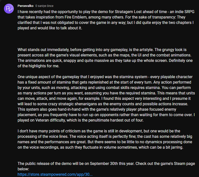 percevalko's tweet photo. I've recently had the opportunity to play the Stratagem Lost demo ahead of time - an indie SRPG taking inspiration from Fire Emblem, among else. I posted some of my thoughts on it over on my community tab on YT, and you can find a screenshot below.
@Hybrid_Fiction https://t.co/hyQpB9RR0u