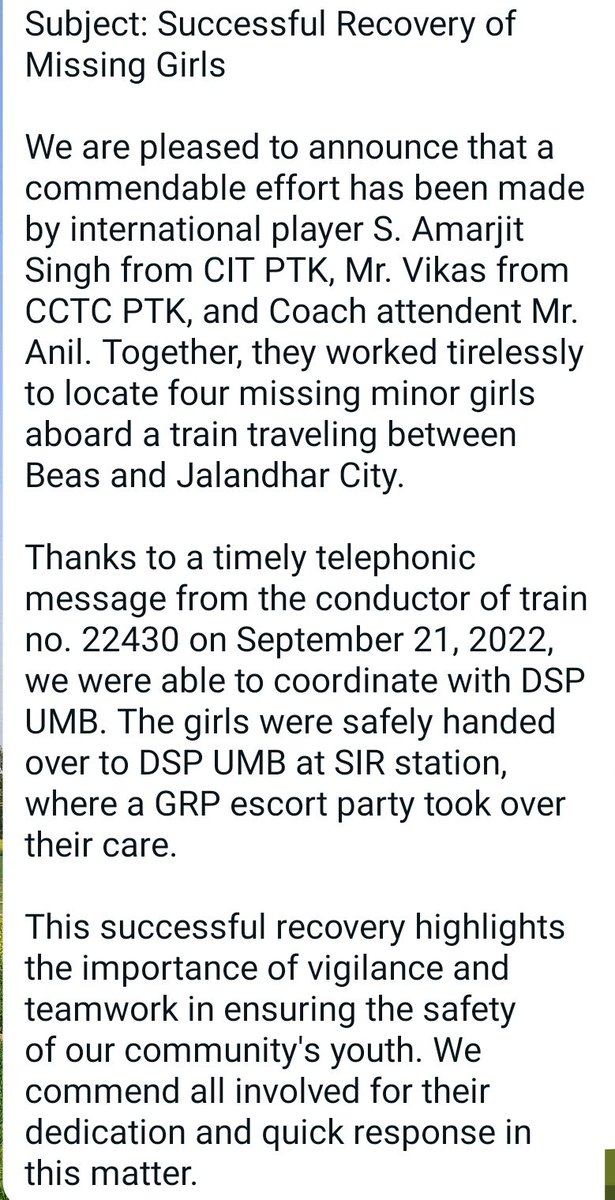 irtcso's tweet photo. @RailwayNorthern @GM_NRly @drm_fzr @srdcmfzr @RPF_INDIA  @RailMinIndia @RailwaySeva @NCPCR_ @AshwiniVaishnaw @IR_CRB 
InterNational Player S. Amarjit Singh CIT PTK, Mr. Vikas CCTC PTK locate four missing minor girls aboard a train traveling between Beas and Jalandhar City. https://t.co/IiplM0eZu0