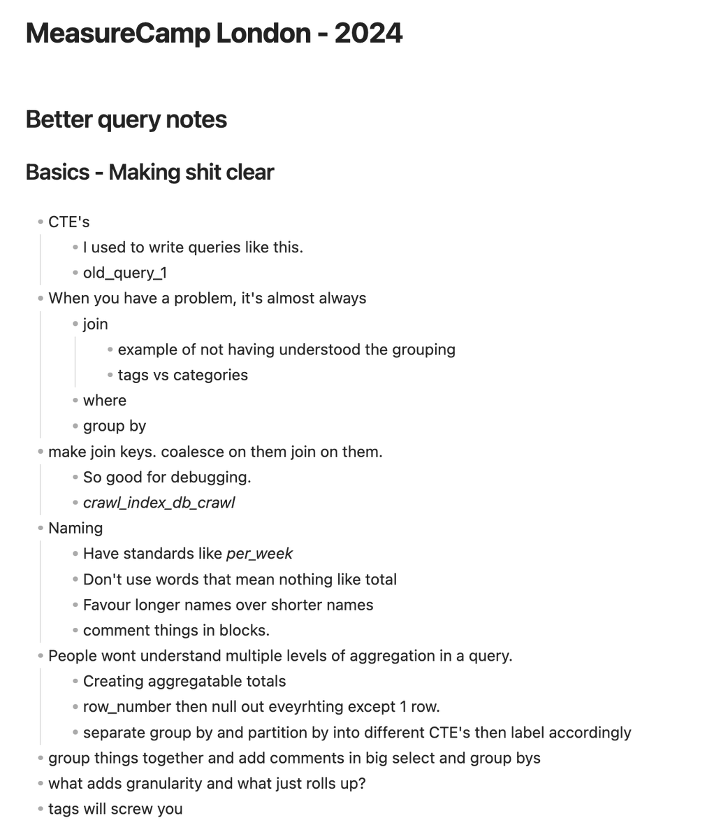 #MeasureCamp

For anyone who enjoyed my notes (and destruction of a whiteboard) on write better SQL.

Here are the rough notes. (Rough really is the word...)

Step 1. Write better queries.