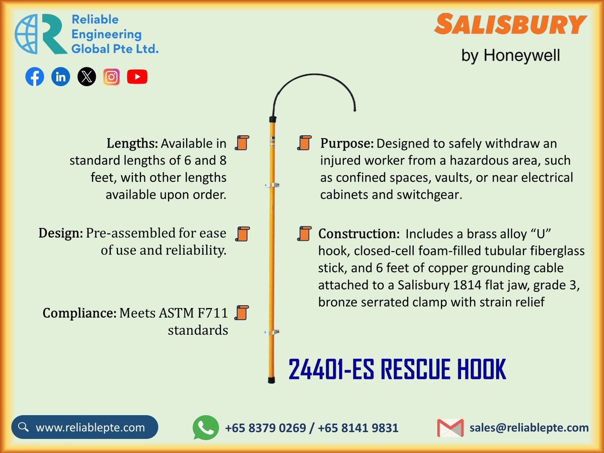 Reliable_Pte's tweet image. Salisbury 24401 Insulated Rescue Hook: A Lifesaving Tool
The Salisbury 24401 Insulated Rescue Hook is more than a tool, it’s a lifeline. By investing in safety equipment like this, workplaces prioritize the well-being of their electrical workers.
#salisbury #reliableengineering