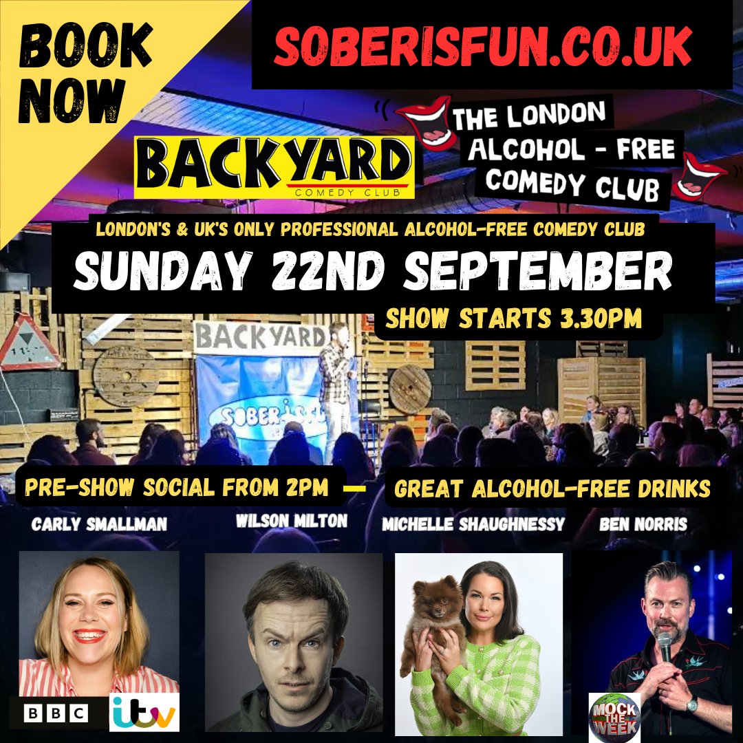 Sober IS Fun (@fun_sober) on Twitter photo 💥 NEXT SUNDAY AFTERNOON 💥
join us at <a href="/Backyard_Comedy/">Backyard Comedy Club</a> with
<a href="/carlysmallman/">Carly Smallman</a>
<a href="/Michellesfunny/">Michelle Shaughnessy</a>
<a href="/wilsonstandup/">Wilsonsjokes 🧠🤖</a>
<a href="/Benny_Norris/">Ben Norris</a>
🎟️ Book via link in bio
#alcoholfree #sober #soberfun #RecoveryPosse #soberlondon #meetuplondon #aflondon #londonlife #standupcomedy #lol #afdrinks #nobooze 💥 NEXT SUNDAY AFTERNOON 💥
join us at <a href="/Backyard_Comedy/">Backyard Comedy Club</a> with
<a href="/carlysmallman/">Carly Smallman</a>
<a href="/Michellesfunny/">Michelle Shaughnessy</a>
<a href="/wilsonstandup/">Wilsonsjokes 🧠🤖</a>
<a href="/Benny_Norris/">Ben Norris</a>
🎟️ Book via link in bio
#alcoholfree #sober #soberfun #RecoveryPosse #soberlondon #meetuplondon #aflondon #londonlife #standupcomedy #lol #afdrinks #nobooze