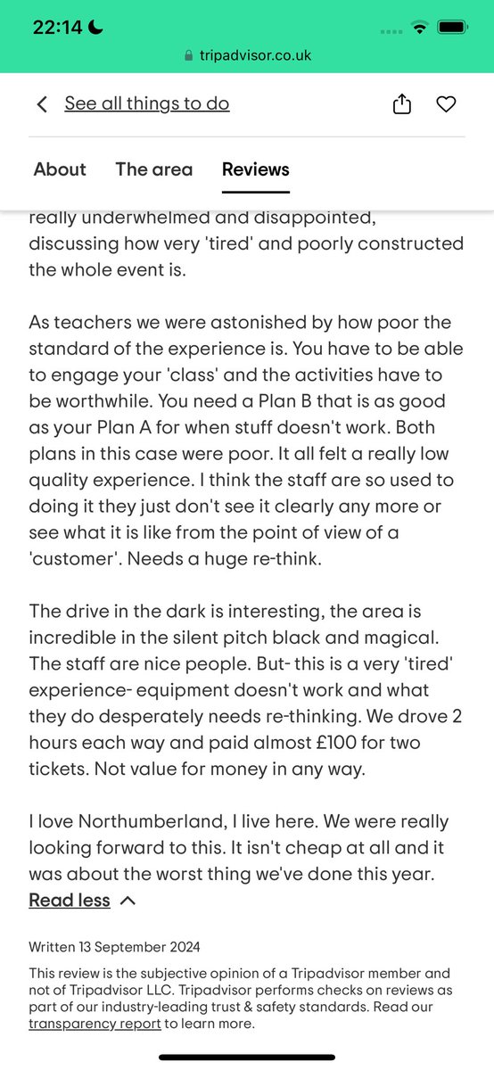 Latest review is from a group of teachers - 1*… again… 

- telescope broken for a year
- second telescope broken 
- cloudy
- looked at nothing
- 30min for an instant drink
- awful poor quality merchandise 
- uncomfortable
- worst thing we’ve done all year
- tired and poor value