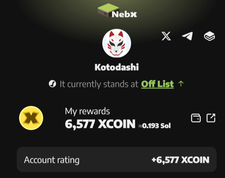 Sau $DOGS, kỳ vọng kèo nước mưa này có tí lộc lá. Acc mình acc cổ, được khoảng (0.913 SOL)
Mời các bác xơi. Ủng hộ em link ref nhé
nebx.io/s/p/72589812/6…

 $XCOIN #NebX #airdrop now!
