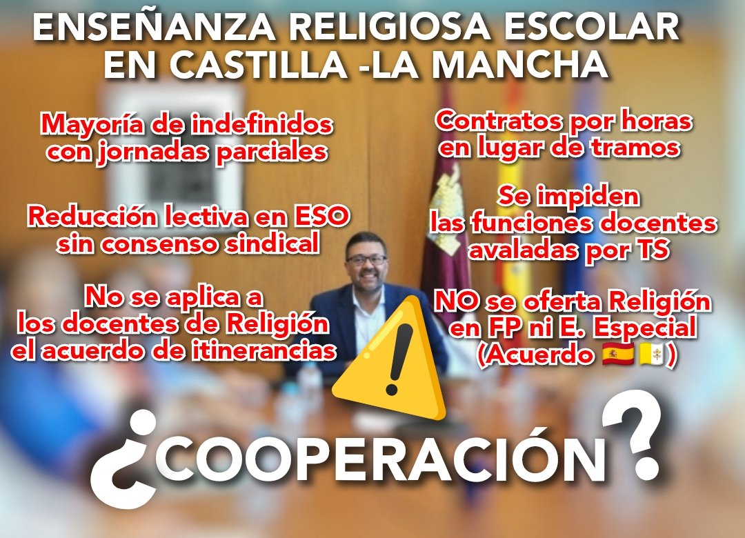 DerechoERE's tweet photo. @garciapage @Guijarrojl @JoseleCaballero @amadorpastorn NO GOBIERNAN PARA TODOS 
🟥  Desatienden la demanda mayoritaria #ESO de Religión con las mismas condiciones educativas (única con 1️⃣ h/sem) No oferta #FP
🟥 Pasividad ante precariedad de las #docentesdeReligión (mayoría ♀️) https://t.co/UYdf0tdQWV