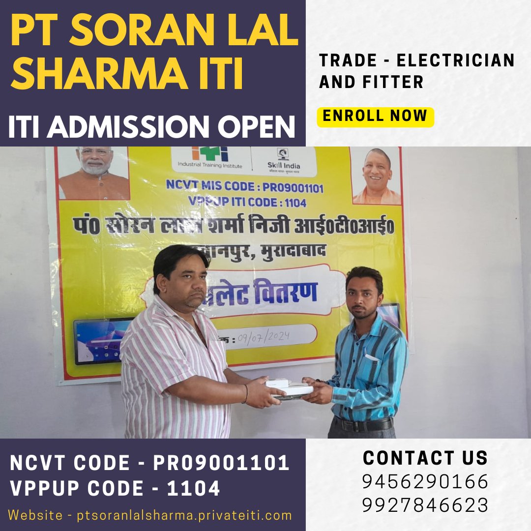 PtslsPvt's tweet image. PT Soran Lal Sharma ITI future electrician jobs
.
PT Soran Lal Sharma ITI — ITI Admission Session 2024-25
.
Contact Us For ITI Admission 2024 — 9927846623, 9456290166
.
Website — ptsoranlalsharma.privateiti.com
. 
#FutureElectricianJobs #PTSoranLalSharmaITI #FitterTrade