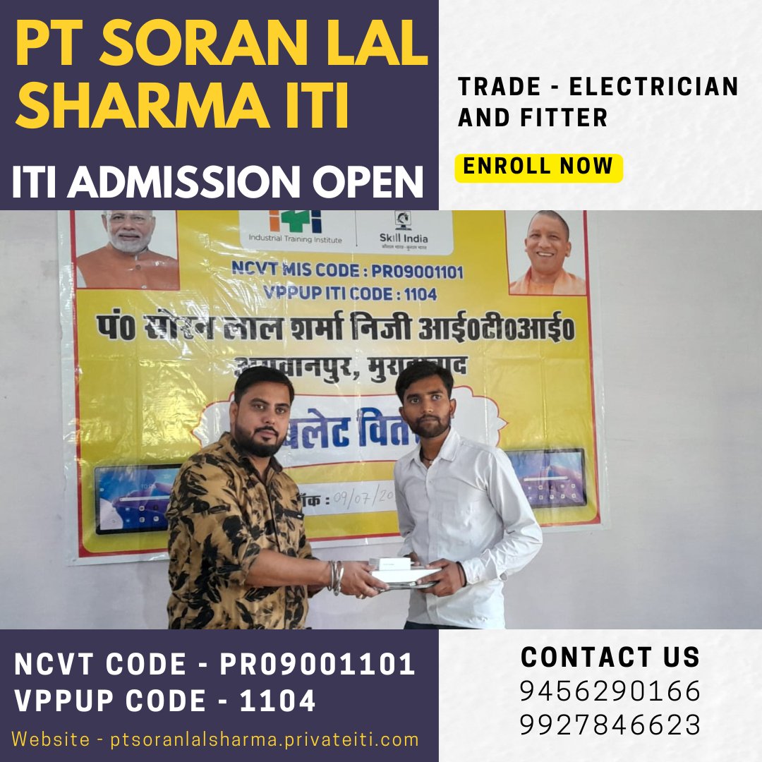 PtslsPvt's tweet image. Fitter electrician admission PT Soran Lal Sharma
.
PT Soran Lal Sharma ITI — ITI Admission Session 2024-25
.
Contact Us For ITI Admission 2024 — 9927846623, 9456290166
.
Website — ptsoranlalsharma.privateiti.com
. 
#FitterElectricianAdmission #PTSoranLalSharmaITI #BestITITrade