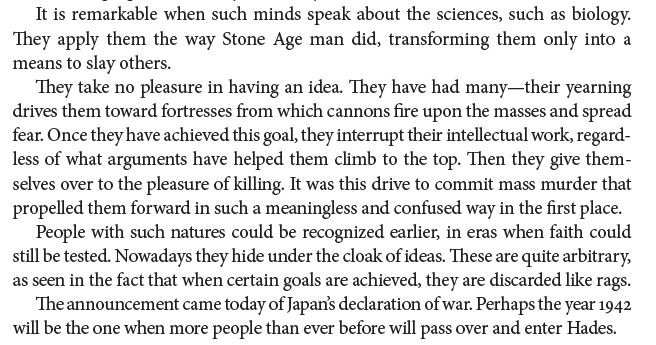 Ernst Jünger and Louis-Ferdinand Céline met in Paris in 1941, a record of their meeting is found in Jünger's journal. His judgment of Céline is that of a violent and nihilistic maniac ‘marching toward some unknown goal’ like a ‘machine of iron’ propelled forward by mass murder.