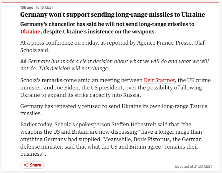 NOELreports's tweet photo. Germany will not send long-range missiles to Ukraine, despite Ukraine's requests. Chancellor Olaf Scholz stated that this decision is firm and will not change. While the US and UK discuss expanding Ukraine's strike capabilities, Germany has consistently refused to provide its Taurus long-range missiles. German officials emphasized that the US and UK's discussions about these weapons are their own concern and do not involve Germany.

https://t.co/V5h2JyFaLB