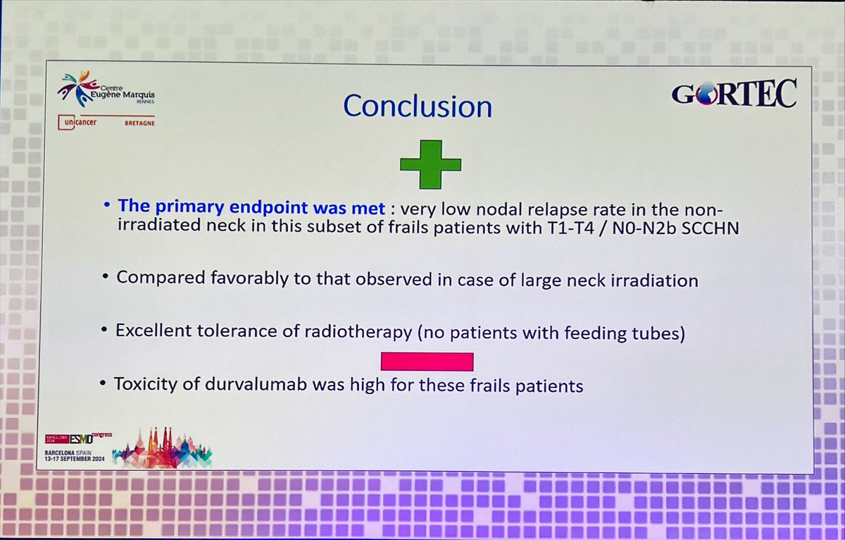 Pierre Blanchard, MD (@pblanchardmd) on Twitter photo Innovative GORTEC trial at #ESMO2024: prophylactic neck #radiotherapy replaced by IO durvalumab.
Low rate of neck relapse BUT
frail population with high toxicity and lots of early death (may have underestimated the true risk of nodal relapse).
Congrats <a href="/JoelCastelli/">Joel Castelli</a> & team Innovative GORTEC trial at #ESMO2024: prophylactic neck #radiotherapy replaced by IO durvalumab.
Low rate of neck relapse BUT
frail population with high toxicity and lots of early death (may have underestimated the true risk of nodal relapse).
Congrats <a href="/JoelCastelli/">Joel Castelli</a> & team