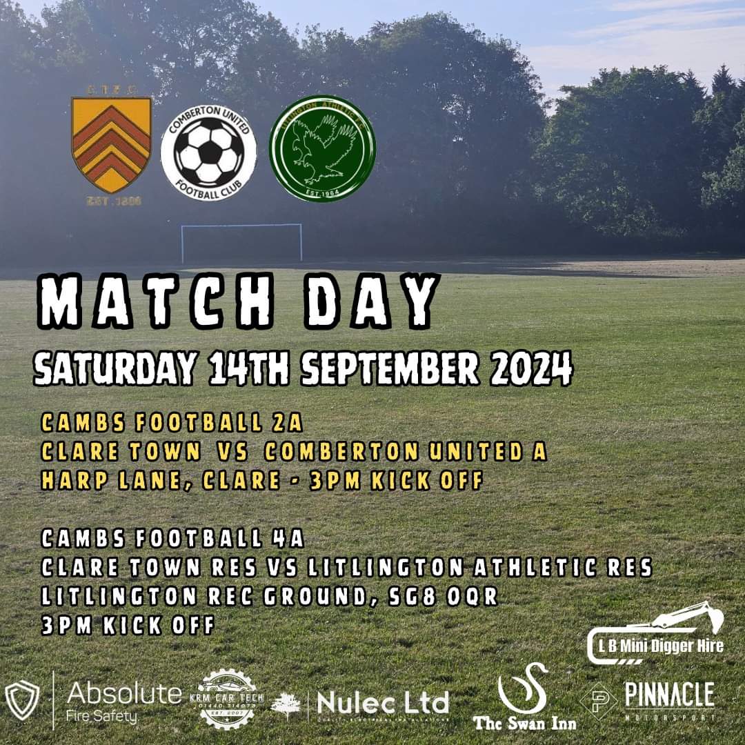 Clare Town FC (@claretownfc) on Twitter photo Match day 2. Both teams looking to push on after a successful opening weekend
1st Team take on <a href="/CombertonUtd/">Comberton United FC</a> A team
Reserves take on <a href="/Litlington_FC/">Litlington AFC</a> Reserves
Both games are a 3pm kick off Match day 2. Both teams looking to push on after a successful opening weekend
1st Team take on <a href="/CombertonUtd/">Comberton United FC</a> A team
Reserves take on <a href="/Litlington_FC/">Litlington AFC</a> Reserves
Both games are a 3pm kick off