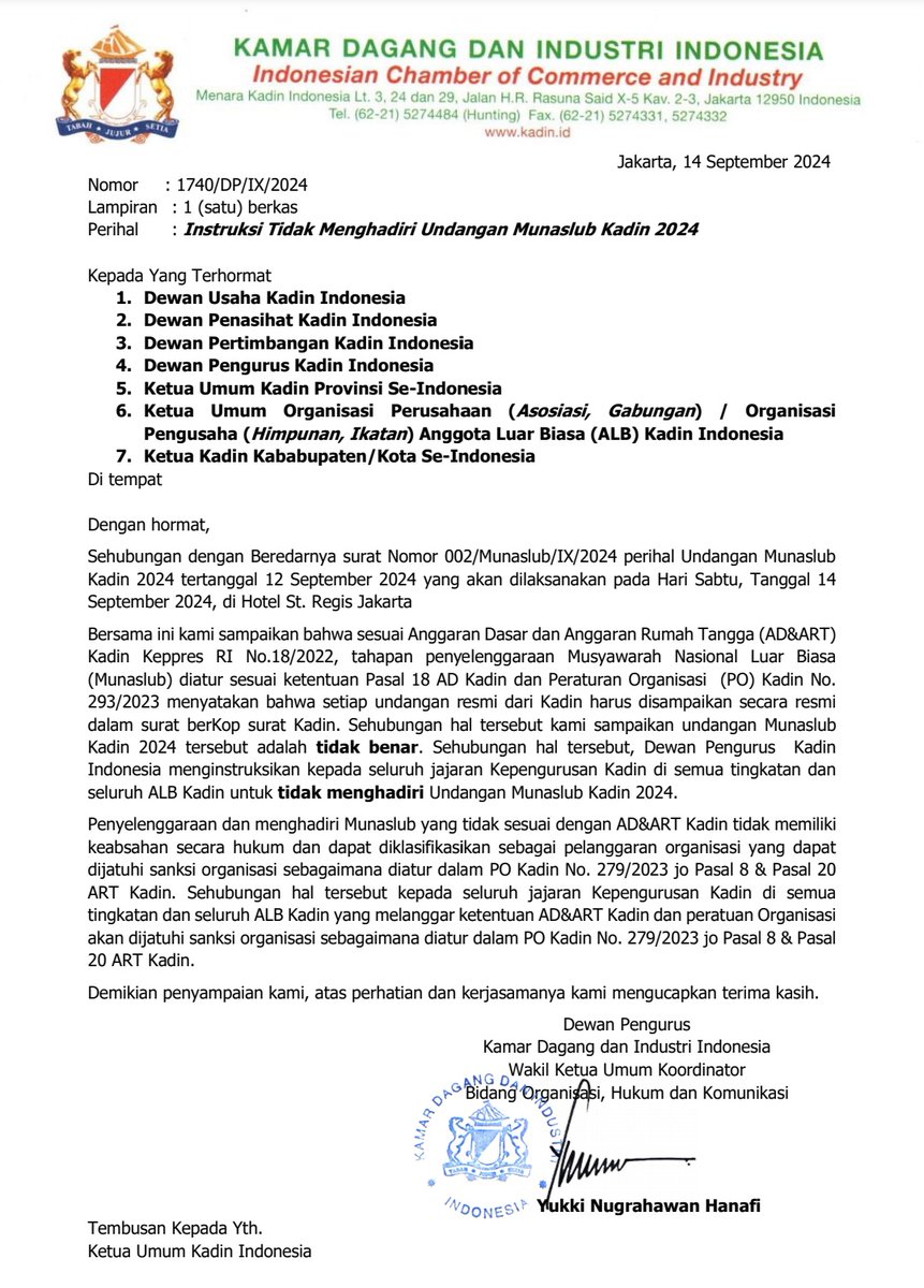 Iya saya sebagai pengurus pusat Kadin telah menerima surat instruksi, untuk tidak menghadiri Munaslub yang berpotensi melanggar AD ART @KADIN_Indonesia 

Semoga jika ada potensi konflik internal didalam kepengurusan Kadin, semua masalah bisa tersolusikan dengan baik dan damai