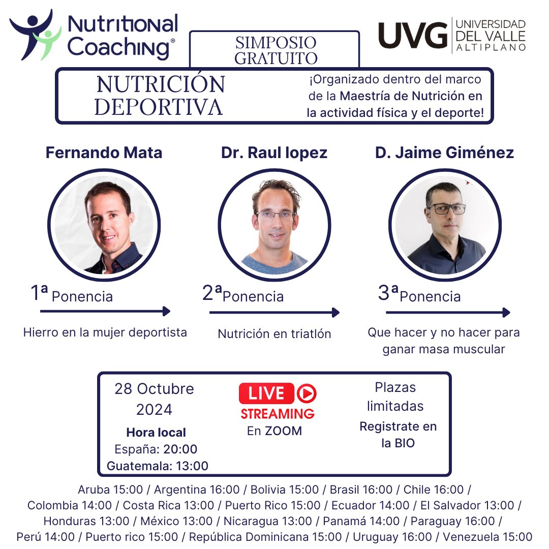 Nueva edición del Simposio en Nutrición deportiva! Tres ponentes de gran prestigio internacional realizarán tres ponencias en directo.
Inscríbete ahora de forma gratuita a través de este enlace tepuedeinteresar.com/simposionutdep… o escríbenos a info@nutritionalcoaching.com o +34932503858