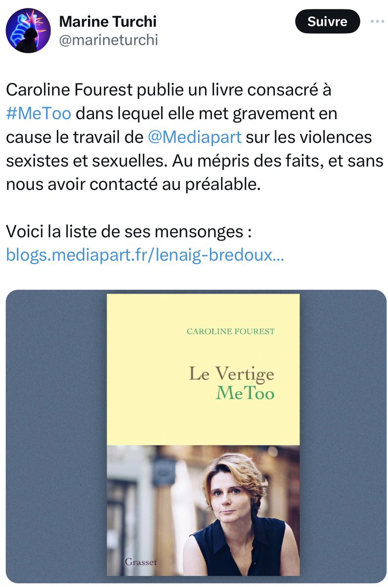HendaAyari5's tweet photo. Il ne faut pas toucher à @Mediapart, au risque de devenir la cible d’une chasse aux sorcières et d’une meute de journaleux et pseudo-féministes qui attaquent de façon ciblée celui ou celle qui ose critiquer ce journal ! 

Ceux et celles qui osent dévoiler leur véritables intentions et critiquer les positions de @Mediapart sont violemment insultées menacées, diffamées dans les médias et sur les réseaux sociaux. C’est ce qui se passe actuellement pour @CarolineFourest après la sortie de son livre « Le Vertige Metoo »

Hallucinant de voir comment certaines féministes de gauche se mobilisent avec une telle virulence contre Caroline Fourest, au moment où elle publie un livre courageux qui aborde des sujets sensibles et complexes. Là où son travail mérite un débat nuancé, sérieux et constructif, ses détractrices et détracteurs préfèrent s'acharner sur elle, avec une violence inouïe plutôt que de débattre en bonne intelligence et reconnaître la valeur de son engagement. 

Ironiquement, ce sont les mêmes personnes qui, il y a à peine quelques jours, restaient bien silencieuses lorsque nous apprenions la nouvelle de la condamnation de Tariq Ramadan pour des faits de viol, un silence qui en dit long sur leurs priorités idéologiques.
Cette dissonance est troublante et pose de sérieuses questions sur la sincérité et la cohérence de leur combat.

Les attaques en groupe de ces pseudo-féministes, qui n’ont de féministe que le nom, sont odieuses. 
Elles sont restées silencieuses face aux violences subies par les femmes israéliennes enlevées, et aux souffrances des femmes afghanes et iraniennes, elles ont totalement ignorées les victimes de Tariq Ramadan, dont je fais partie. 
Nous n’avons jamais bénéficié de leur soutien, ni d’un seul mot d’encouragement, pas même après la nouvelle de la condamnation de Ramadan pour viol ! 

Ces pseudo féministes journalistes en carton attaquent en meute @CarolineFourest, qui est pourtant l'une des rares vraies féministes de notre époque, une féministe sincère et engagée qui n’a plus rien a prouver. 

Contrairement à elles, Caroline Fourest n’a jamais hésité à dénoncer les crimes et violences dont ont été victimes les femmes utilisées comme otages, marchandises, ou esclaves. Le film « Sœurs d’armes » qu’elle a réalisé sur les femmes Yezidies est un exemple parmi tant d’autres.
Elle a toujours eu le courage de défendre ces causes difficiles, elle n’a jamais hésité à dénoncer les injustices et à dévoiler des vérités dérangeantes ! Ce fut la première qui a osé prendre la parole contre Tariq Ramadan pour dénoncer sa tartufferie, il y a 10 ans et pour cela elle a été persécutée, menacée, insultée et traînée dans la boue pendant des années. 

Caroline Fourest n’a plus rien à prouver. La profondeur et la sincérité de son engagement sont connues de tous. Pendant que ces pseudo-féministes et journalistes de salons l’attaquent sans fondement, Caroline, elle, continue de défendre avec courage les droits des femmes partout où elles sont opprimées. 

Soutien total à cette femme formidable et courageuse, qui incarne le féminisme authentique et engagé.
Grand respect à #CarolineFourest pour son engagement sincère, son courage et son intégrité. 

Plutôt que de l’attaquer et de s’acharner comme des hyènes, ces pseudos féministes devaient prendre exemple sur Caroline Fourest, qui est une des rares et vraies féministes de notre époque, que ça leur plaise, ou non, nous sommes nombreux à soutenir Caroline, heureusement qu’il y a une Caroline Fourest en France pour défendre la cause des femmes et j’espère qu’il y en aura d’autres ! 
Merci à toi Caroline, pour tout ce que tu as fait pour soutenir et défendre la cause des femmes, tu as mon plus grand respect.🙏

⚠️Ne touchez pas à notre Caroline ! 

#SoutienCarolineFourest
