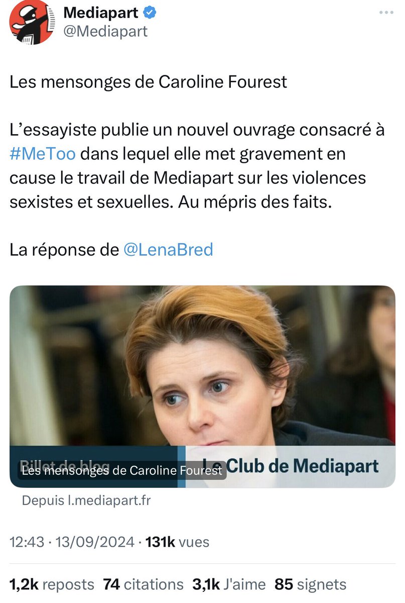 HendaAyari5's tweet photo. Il ne faut pas toucher à @Mediapart, au risque de devenir la cible d’une chasse aux sorcières et d’une meute de journaleux et pseudo-féministes qui attaquent de façon ciblée celui ou celle qui ose critiquer ce journal ! 

Ceux et celles qui osent dévoiler leur véritables intentions et critiquer les positions de @Mediapart sont violemment insultées menacées, diffamées dans les médias et sur les réseaux sociaux. C’est ce qui se passe actuellement pour @CarolineFourest après la sortie de son livre « Le Vertige Metoo »

Hallucinant de voir comment certaines féministes de gauche se mobilisent avec une telle virulence contre Caroline Fourest, au moment où elle publie un livre courageux qui aborde des sujets sensibles et complexes. Là où son travail mérite un débat nuancé, sérieux et constructif, ses détractrices et détracteurs préfèrent s'acharner sur elle, avec une violence inouïe plutôt que de débattre en bonne intelligence et reconnaître la valeur de son engagement. 

Ironiquement, ce sont les mêmes personnes qui, il y a à peine quelques jours, restaient bien silencieuses lorsque nous apprenions la nouvelle de la condamnation de Tariq Ramadan pour des faits de viol, un silence qui en dit long sur leurs priorités idéologiques.
Cette dissonance est troublante et pose de sérieuses questions sur la sincérité et la cohérence de leur combat.

Les attaques en groupe de ces pseudo-féministes, qui n’ont de féministe que le nom, sont odieuses. 
Elles sont restées silencieuses face aux violences subies par les femmes israéliennes enlevées, et aux souffrances des femmes afghanes et iraniennes, elles ont totalement ignorées les victimes de Tariq Ramadan, dont je fais partie. 
Nous n’avons jamais bénéficié de leur soutien, ni d’un seul mot d’encouragement, pas même après la nouvelle de la condamnation de Ramadan pour viol ! 

Ces pseudo féministes journalistes en carton attaquent en meute @CarolineFourest, qui est pourtant l'une des rares vraies féministes de notre époque, une féministe sincère et engagée qui n’a plus rien a prouver. 

Contrairement à elles, Caroline Fourest n’a jamais hésité à dénoncer les crimes et violences dont ont été victimes les femmes utilisées comme otages, marchandises, ou esclaves. Le film « Sœurs d’armes » qu’elle a réalisé sur les femmes Yezidies est un exemple parmi tant d’autres.
Elle a toujours eu le courage de défendre ces causes difficiles, elle n’a jamais hésité à dénoncer les injustices et à dévoiler des vérités dérangeantes ! Ce fut la première qui a osé prendre la parole contre Tariq Ramadan pour dénoncer sa tartufferie, il y a 10 ans et pour cela elle a été persécutée, menacée, insultée et traînée dans la boue pendant des années. 

Caroline Fourest n’a plus rien à prouver. La profondeur et la sincérité de son engagement sont connues de tous. Pendant que ces pseudo-féministes et journalistes de salons l’attaquent sans fondement, Caroline, elle, continue de défendre avec courage les droits des femmes partout où elles sont opprimées. 

Soutien total à cette femme formidable et courageuse, qui incarne le féminisme authentique et engagé.
Grand respect à #CarolineFourest pour son engagement sincère, son courage et son intégrité. 

Plutôt que de l’attaquer et de s’acharner comme des hyènes, ces pseudos féministes devaient prendre exemple sur Caroline Fourest, qui est une des rares et vraies féministes de notre époque, que ça leur plaise, ou non, nous sommes nombreux à soutenir Caroline, heureusement qu’il y a une Caroline Fourest en France pour défendre la cause des femmes et j’espère qu’il y en aura d’autres ! 
Merci à toi Caroline, pour tout ce que tu as fait pour soutenir et défendre la cause des femmes, tu as mon plus grand respect.🙏

⚠️Ne touchez pas à notre Caroline ! 

#SoutienCarolineFourest