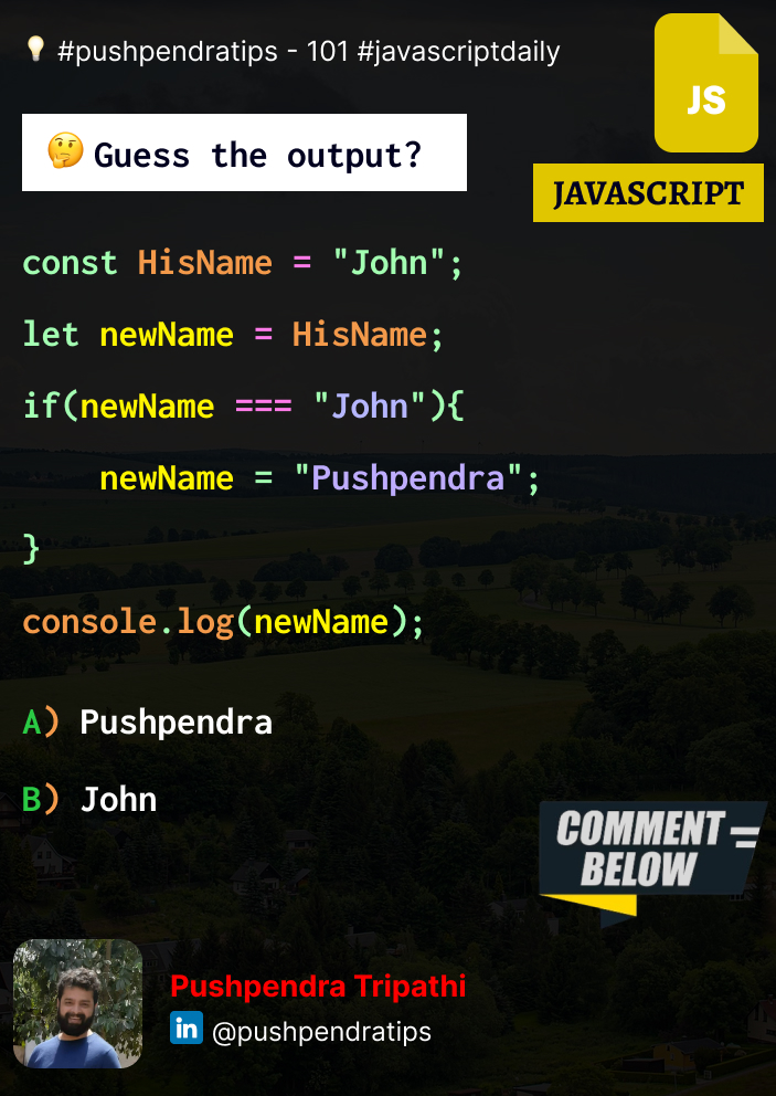 pushpendratips's tweet image. ๐ก #pushpendratips - 101 #javascriptdaily
๐ค ๐ฎ๐๐๐๐ ๐๐๐ ๐๐๐๐๐๐?
๐ฃ๐ฟ๐ฒ๐๐ถ๐ผ๐๐ ๐ฃ๐ผ๐๐ - 100 ๐ lnkd.in/gqkzz2ja
#javascript #mern #pushpendratips
