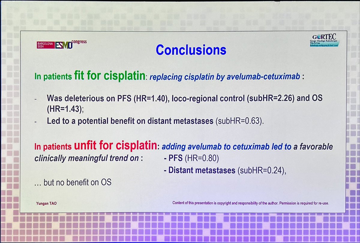 Pierre Blanchard, MD (@pblanchardmd) on Twitter photo Congrats to my friend <a href="/YG_TAO/">Yungan TAO</a> & GORTEC for this huge trial of IO in LA HNSCC
Avelumab-cetuximab inferior to cisplatin CRT in fit patients but superior to cetuximab-RT for PFS in cisplatin ineligible population.
#ESMO2024 Congrats to my friend <a href="/YG_TAO/">Yungan TAO</a> & GORTEC for this huge trial of IO in LA HNSCC
Avelumab-cetuximab inferior to cisplatin CRT in fit patients but superior to cetuximab-RT for PFS in cisplatin ineligible population.
#ESMO2024