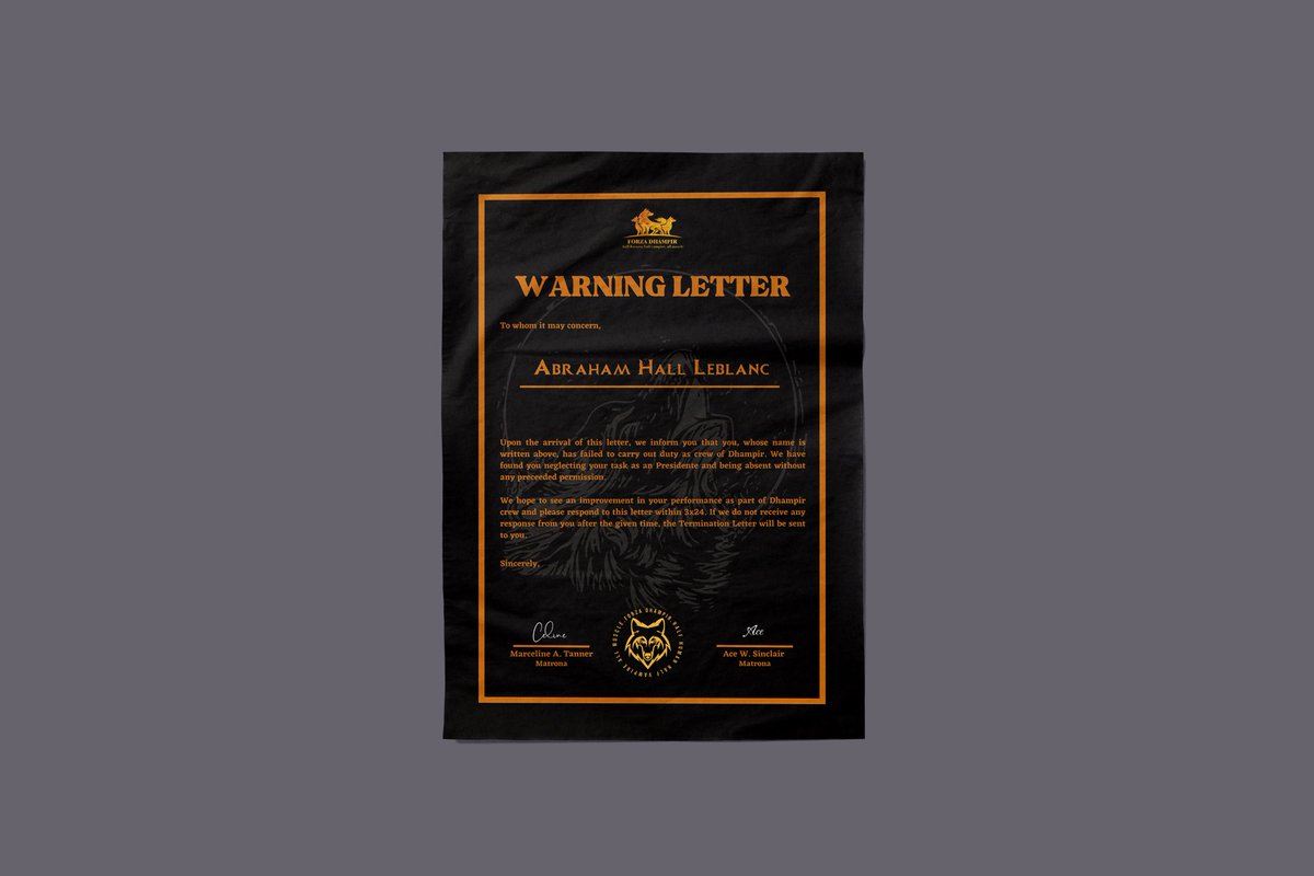 ㅤ

[ WARNING LETTER ]

Dear, <a href="/afglio/">Abraham.</a> . We deeply apologize to send this warning letter. Please kindly reply to this letter within the given period of time. Thank you.

<a href="/Sir_ASinclair/">Ace.</a> @Ms__CTanner <a href="/VladimirDatum/">𝐃𝐚𝐭𝐮𝐦</a> <a href="/afglio/">Abraham.</a> <a href="/admonice/">Retta</a> <a href="/arakavers/">Araka</a> 
ㅤ