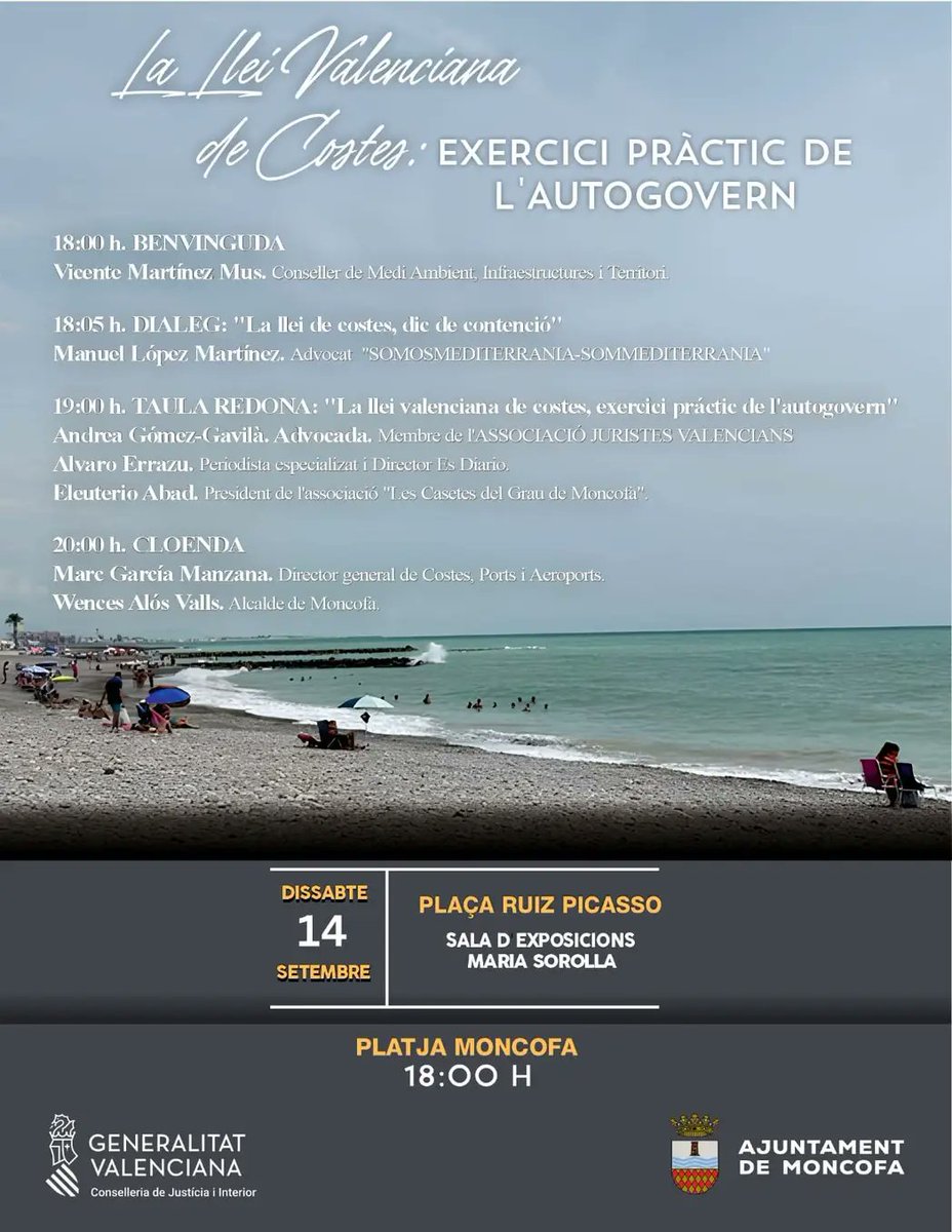 📢 ¡Hoy estaremos en Moncofa! 🌊

🗓️ Sábado 14 de septiembre, 18:00h
📍 Playa de Moncofa

Manuel López Martínez, uno de los fundadores de  SOMOSMEDITERRANIA, participará en el diálogo sobre la futura Ley de Costas Valenciana.

#ProtejamosLaCosta #SomosMediterrania