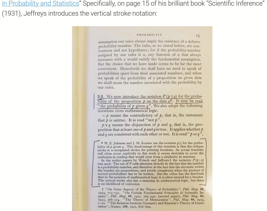 Harold Jeffreys introduced the | notation for conditional probabilities.

Learned from bayesianspectacles.org/the-man-who-re…