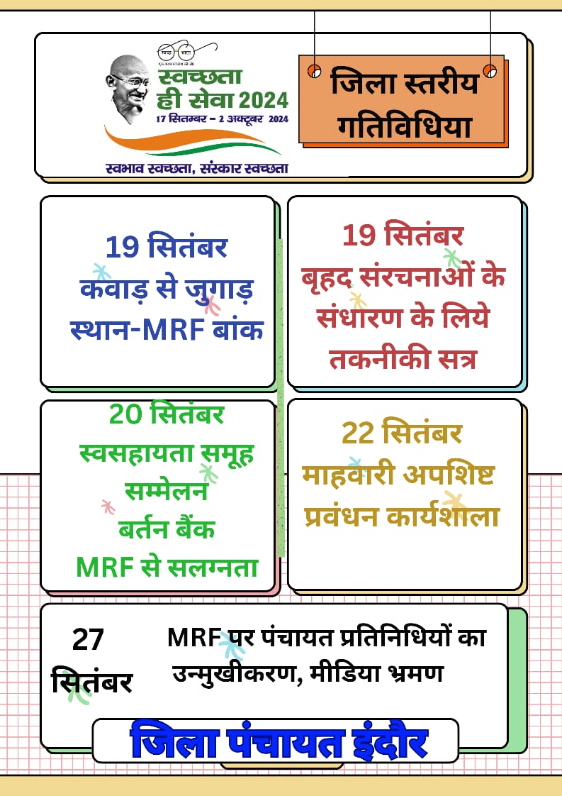 #SHS2024 
#SwabhavSwachhata 
#SanskaarSwachhata 
#SwachhataHiSeva2024 

<a href="/SwachhBharatGov/">Swachh Bharat Urban</a>
<a href="/SwachhBharat/">Swachh Bharat Mission - Grameen</a>
<a href="/MoHUA_India/">Ministry of Housing and Urban Affairs</a>
<a href="/MoJSDDWS/">Department of Drinking Water & Sanitation (#DDWS)</a> 
<a href="/MoRD_GOI/">Ministry of Rural Development, Government of India</a>
<a href="/mopr_goi/">Ministry of Panchayati Raj, Government of India</a>
<a href="/minprdd/">Panchayat and Rural Development Department, MP</a>
<a href="/comindore/">Indore Commissioner</a>
<a href="/IndoreCollector/">Collector Indore</a>
<a href="/projsindore/">PRO JS Indore</a>
<a href="/JansamparkMP/">Jansampark MP</a>